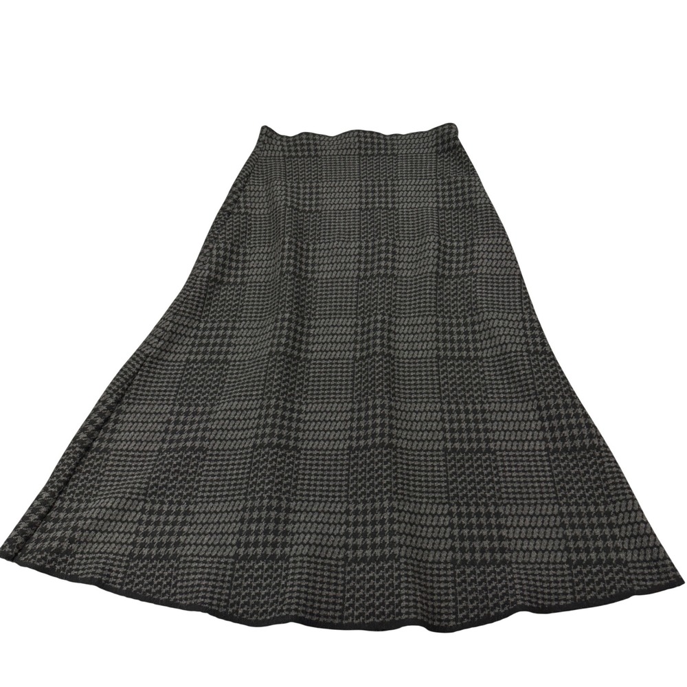 Max Studio London Houndstooth Knit Midi Skirt Black Grey Plaid A-Line Small